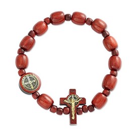 Catholica Shop Catholic Religious Wear Elasticated Saint Benedict Medal Bracelet with Crucifix Cross Wooden Beads Decade Rosary Stretchable Bracelet Catholic Bracelets for Men and Women