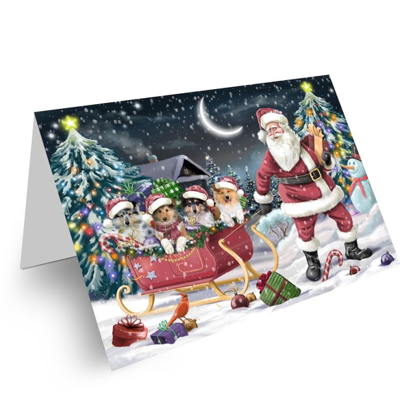 Christmas Santa Sled - Rough Collie Dogs Greeting Cards - Adorable Pets Invitation Cards with Envelopes - Pet Artwork Greeting Cards for All Occasions (10 Greeting Cards)