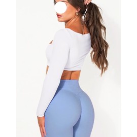 TZLDN Women's Squre Neck Workout Tops Padded Long Sleeve Crop Tops Gym Athletic Sports Yoga Compression Shirts Low Impact White - Medium