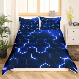 Homewish Honeycomb Comforter Cover Neon Light Geometric Bedding Set Double For Kids Boys Teens,Geometry Hexagonal Duvet Cover Soft Microfiber Quilt Cover Zipper 2 Pillow Cases Blue Black Room Decor