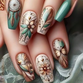 Spring Press on Nails Medium Coffin Fake Nails Grass Green False Nails with Brown Flower Leaf Designs Flower Glue on Nails Flower Stick on Nails Full Cover Cute Acrylic Nails Glossy Artificial Nails