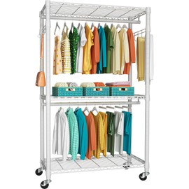 FUTASSI P1 Heavy Duty Garment Rack, 3 Tiers Adjustable Rolling Metal Closet Organizer with Lockable Wheels, FreeStanding Wardrobe with Double Hanger Rods & 1 Pair Hooks, Max Load 450 LBS, White