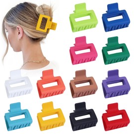 Sisiaipu 2 Inch Medium Hair Claw Clips 12 Pcs Square Hair Clips for Thin Hair Matte Nonslip Acrylic Banana Jaw Clips Bulk Hair Accessories for women and Girls - Dopamine