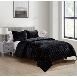 Sunshine Nicole Embroidery Quilt Set with Metallic Gold Thread, Distressed Velvet Face and Brushed Solid Microfiber Reverse, with Light Weight Soft Poly Fill, 3 Pieces Black Gold, King