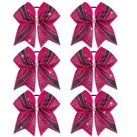 CN 6PCS Glitter Cheer Bows for Cheerleaders, Hot Pink Sparkly Large Hair Bows for Girls Cheerleading with Elastic Hair Ties，Cheer Hair Accessories for Softball Competition School Spirit