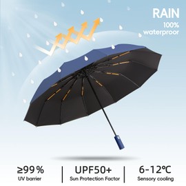 Lusibaka Umbrella Windproof Strong Compact Folding Portable,Extra Large Automatic Open & Close Rainproof with UV Protection,Sturdy Durable Umbrella with 12 Ribs,99 UV Protection UPF 50 (Navy Blue)