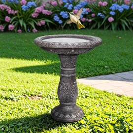 SunJet 24.4” H x 20” Dia Outdoor Birdbath with Intricate Floral Carvings Pedestal - Fibre Reinforced Concrete Birdbaths, Vintage Design for Garden Decor & Bird Attraction