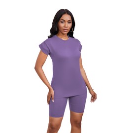 PINSV Women 2 Piece Outfits Summer Sweatsuits Track Suits Biker Short Workout Jogger Sets Purple XL