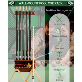 EXTCCT Wall Mount Pool Stick Holder - Billiards Pool Cue Rack Hardwood Pool Cue Set Holder for 6 Cues Sticks Storage Pool Table Accessories Equipment Organizer