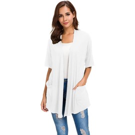 ADANIKI Womens Short Sleeve Open Front Lightweight Casual Comfy Long Line Drape Hem Soft Modal Cardigans Sweater with Two Pockets (White, M)
