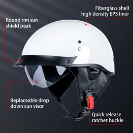 Myamis Half Helmet Motorcycle Men Women Adult Dot Certified Fiberglass Half Shell Vintage Motorcycle Helmet MH03(Glossy White,L)