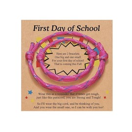 2Pcs First Day of School Family Matching String knit Bracelets Mother/Father and Daughter/Son Nylon Rope Back to School Gifts Protection Blessing Jewelry With Message Card Paracord Anxiety Relief Present (Pink)