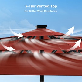HOMSHADE 9FT 3-Tier Solar Patio Umbrella Heavy Duty,Vented Market Table Umbrella Windproof w/32 LED Lights,UPF50+,3-year Fade Resistant,8 Thicker Ribs for Pool,Lawn,Garden,Deck (Red,No Base)