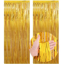 BBPOOL Gold Foil Fringe Curtains for Birthday 2 Pack 3.2ft x 8.2ft Gold Streamers Backdrop for Olympic Decoration Baby Shower Birthday Party Decoration