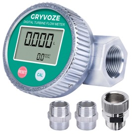 GRYVOZE 3/4 Inch Digital Water & Fuel Flow Meter Kit - with 360° Swivel Connector & Two Male Connectors - IP68 Waterproof & EMI Resistant, 0.8-13.2 GPM Inline NPT Flowmeter