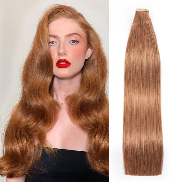 Hotlulana Tape-In Extensions, Natural Hair Extensions, 80 g, 40 Pieces, Tape-In Platinum Light Reddish Brown, Remy Real Hair Extensions, Silky Straight Tape in Natural Hair Extensions (30#, 14 Inch).
