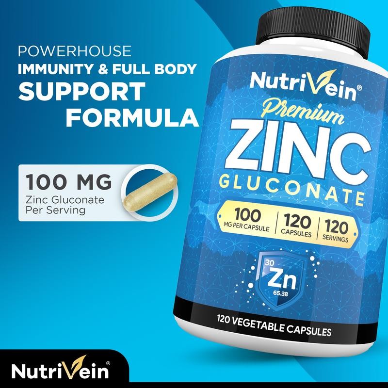 Nutrivein Premium Zinc Gluconate 100mg | Immune System Support &