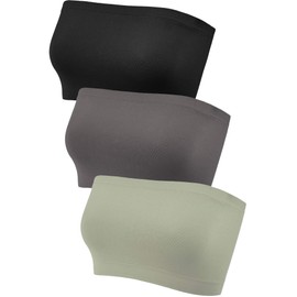 Women's Strapless Bralette Seamless Bandeau Soft Stretchy Non-Padded Bandeau Tube Top Bra in Multi Color, 3 Pieces (Black, Olive Green, Dark Grey,Small - Medium)