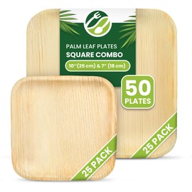 Eco Leaf 10 & 7 inch 50pcs Palm Leaf Square Bamboo Plates - 25 Large Square, 25 Small Plates, Biodegradable, Compostable, Eco-Friendly, Oven Safe – Ideal for Weddings, BBQs, Events