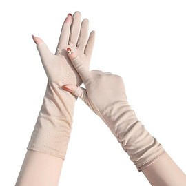 TINAYAUE Women Sun Protection Cotton Gloves for Cycling Driving Outdoor Sports Non Slip Thin Breathable Mesh Summer Touch Screen Full Finger Long Gloves (Skin Color)