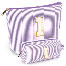 2 PCS Initial Makeup Bags for Women: Cosmetic Bag for Travel Toiletry - Birthday Gifts for 11 12 13 14 15 16 17 18 Years Old Girl Graduation Teacher Gift- Teen Girl Gifts Trendy Stuff - Purple I