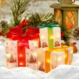 Lighted Gift Boxes Christmas Decorations - Set of 3 Gift Boxes (Cartoon Theme) - Includes 50 Mini Lights - Ideal for Indoor and Outdoor Christmas Tree Home Party Decor