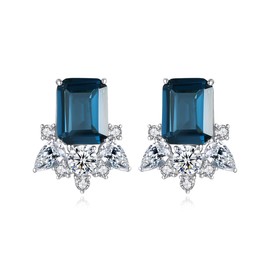 Gdirection 925 Sterling Silver CZ Zircon Simulated London Blue Topaz Stud Earrings for Women, Cubic Zirconia Emerald Cut Nano Gemstone Costume Jewelry with Friction Back and Gift Box, nano substances,