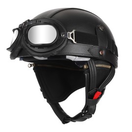 Senhill German Style Motorcycle Helmet for Adult Retro Leather Half Helmet Vintage Cap Skull Cap Open Face Helmet with Goggles for Cruiser Scooter Chopper DOT/FMVSS 218 Approved (Black Type, L)