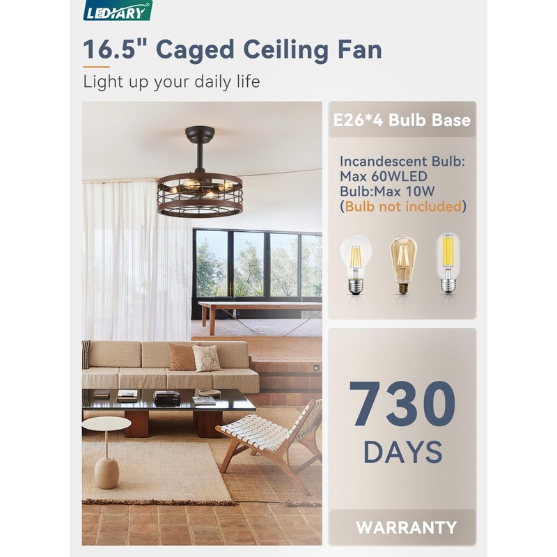 LEDIARY 16.5in Caged Ceiling Fan with Light, Bladeless Industrial Ceiling