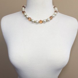 Single Strand Glass Beaded Simulated Pearl Necklace Dangle Earrings Set (Ivory & Light Brown)