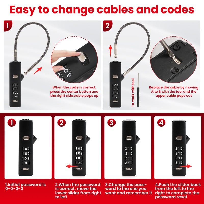 Combination Cable Lock - 3 Retractable Locks (11.8", 23.6", 47.2")