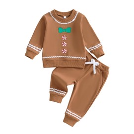 Baby Boy Girl Christmas Outfit Gingerbread Man Crewneck Sweatshirt and Pants Set Toddler Fall Winter Clothes (Gingerbread Outfit-Brown,2-3T)