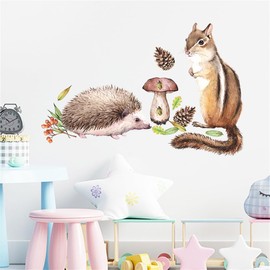 Cartoon Squirrel Hedgehog Wall Decals Cute Wild Animals Wall Stickers Peel and Stick Removable Wall Art Murals Baby Nursery Playroom Bedroom Classroom Kids Room Daycare Wall Decor 12.6in*8.2in