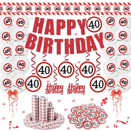 ALEGRE Deko 40 Geburtstag Mann Frau,Verkehrsschild 40 Geburtstag Deko Set mit Absperrband 40. Geburtstage Deko,Luftballons, Luftschlangen, Konfetti, Spiralen, Girlande,Geburtstagsdeko 40 Männer Frauen