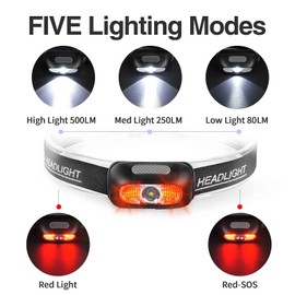 500 Lumen Rechargeable Headlamp (2 Pack), 5 Modes with Red Light Head Lamp, IP54 Water-Resistant Adjustable Strap Head Light for Adult Running, Camping, Cycling