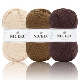 NICEEC 3 Skeins Soft Cotton Yarn 5ply Baby Cotton Yarn for Knitting Crochet Baby Weight Yarn Cotton Blend Yarn Total Length 3×220m(3×240 yds,100g×3)-Brown Series