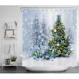 EOBTAIN Christmas Pine Tree Shower Curtain Blue Silvery Xmas Balls Gifts Bow Winter Forest Snow Scene White Snowflake Bathroom Curtain for Kids with 12 Hooks 69X70Inches Fabric Durable