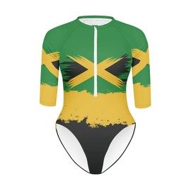 Pugasmiru - Traje de baño sexy de una pieza con cierre en V profunda y media manga para mujer, ajuste elástico, ropa de playa sexy conservadora, Bandera retro de Jamaica, Small