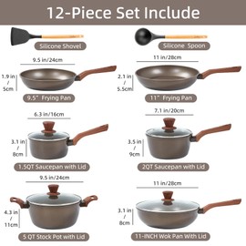12Pcs Pots and Pans Set, Nonstick Cookware Sets, Non Stick Pots and Pan Set with Frying Pans, Saucepans, Steamer Silicone Shovel Spoon