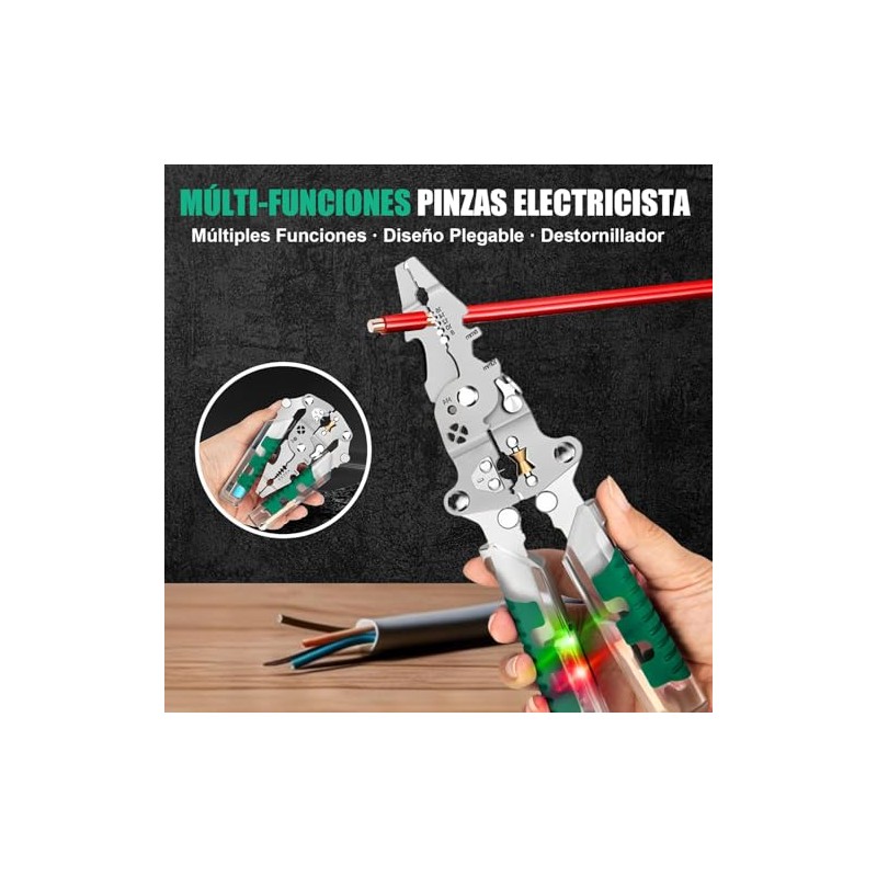 Pinzas Electricista 8 en 1, Pinzas Pelacables con Tester de