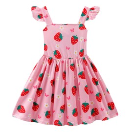 GOTHLETIC Toddler Girls Strawberry Dress Baby A-Line Ruffle Sleeve School Dresses Birthday Party Sundress Summer Outfit for Kids 18-24 Months