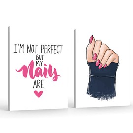Fashion Pink Makeup Nails Canvas Wall Art Cartoon Nail Polish Posters Prints Nails Art Picture Girl Beauty Salon Prints Pop Art for Nails Salon Wall Decor Wrapped Canvas
