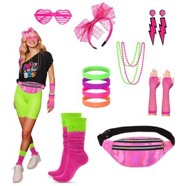 Xintorch 80s Accessories for Women 80s Neon Women Socks Holographic Fanny Pack Lace Headband Earrings Fishnet Gloves Necklace Bracelet for 80's Party