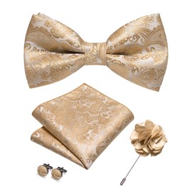 JEMYGINS Men's Paisley Bow Tie Set Including Pocket Square Cufflinks and Boutonniere Suitable for Wedding Banquets and Parties, champagne gold