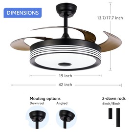 42 inch Modern Retractable Ceiling Fan with Lights and Remote Control, 6Speed Dimmable Fandelier, Smart Ceiling Fan Light with Bluetooth Speaker, RGB Color Reversible Bedroom Living Room Black