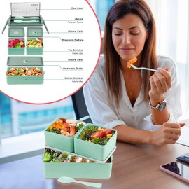 kyaoayo Lunchbox mit Fächern, BPA Frei Lunchbox Student Brotdose mit 3 Fächern, Lunchbox Erwachsene Brotdose mit Geschirr, meal prep boxen, Perfekt für Schule, Arbeit, Picknick Reisen (grün)