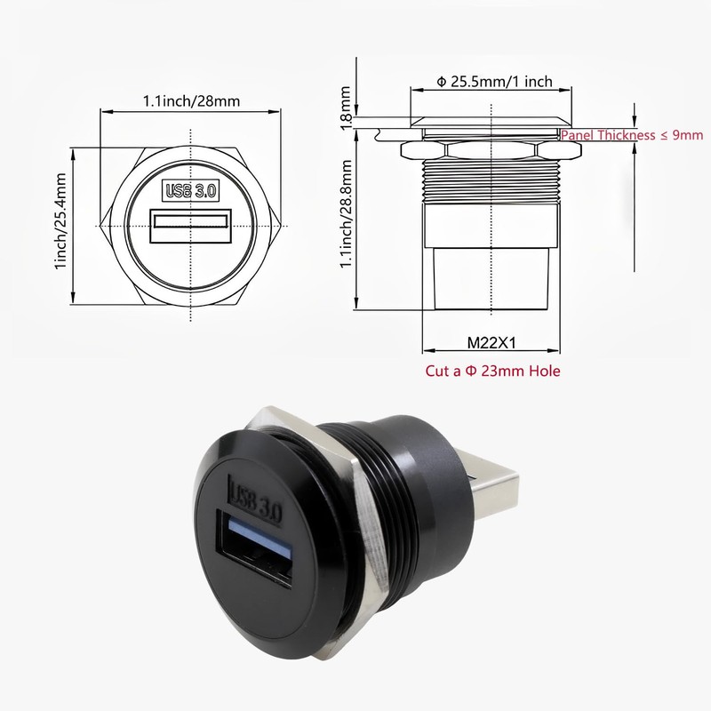 YiKaiEn USB 3.0 Male to Female Waterproof Mounting Adapter, 5Gbps