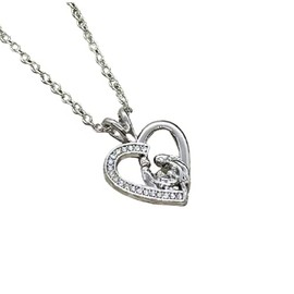 Parents with 2 Kids Heart-Shaped Silver Necklace Cubic Zirconia