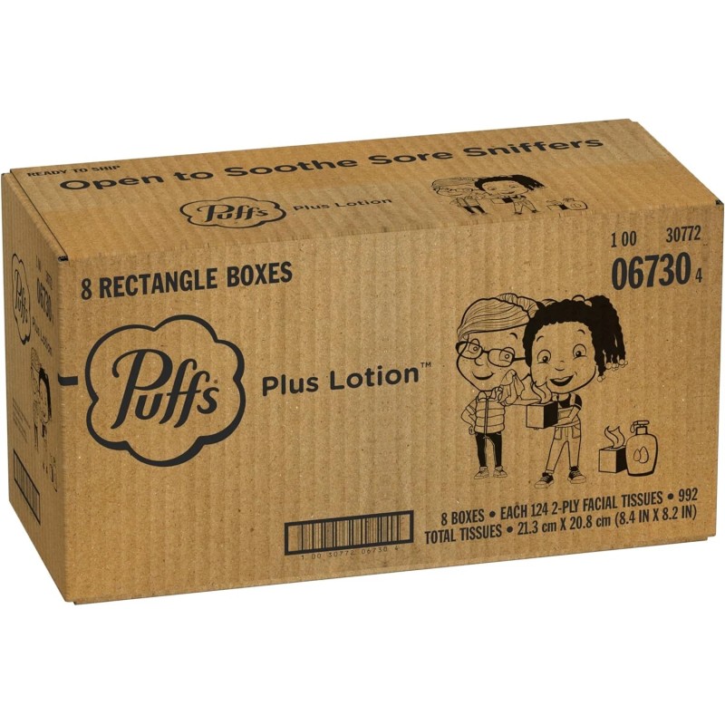 Puffs Plus Lotion Facial Tissues, 8 Family Boxes, 124 124