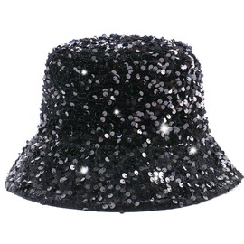 CaySep Unisex Glitter Sequin Bucket Hat - Hip Pop Beach Sun Hat Foldable Fishing Hat for Travel Black